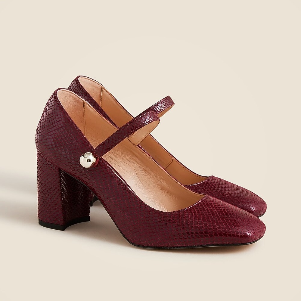 J.Crew Maisie Mary Jane Snake Embossed Heels Midnight Burgundy 8